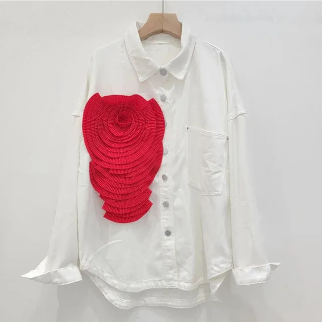 Pre Order:  Pleated Flower Casual Denim Shirt