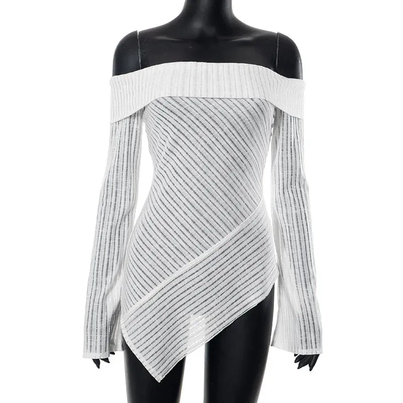 Pre Order:  White Knitted Off-Shoulder Stripe Long Sleeves Top