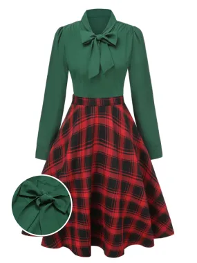 [Pre-Sale] 2PCS 1950s Tie-Neck Green Blouse & Red Plaid Skirt