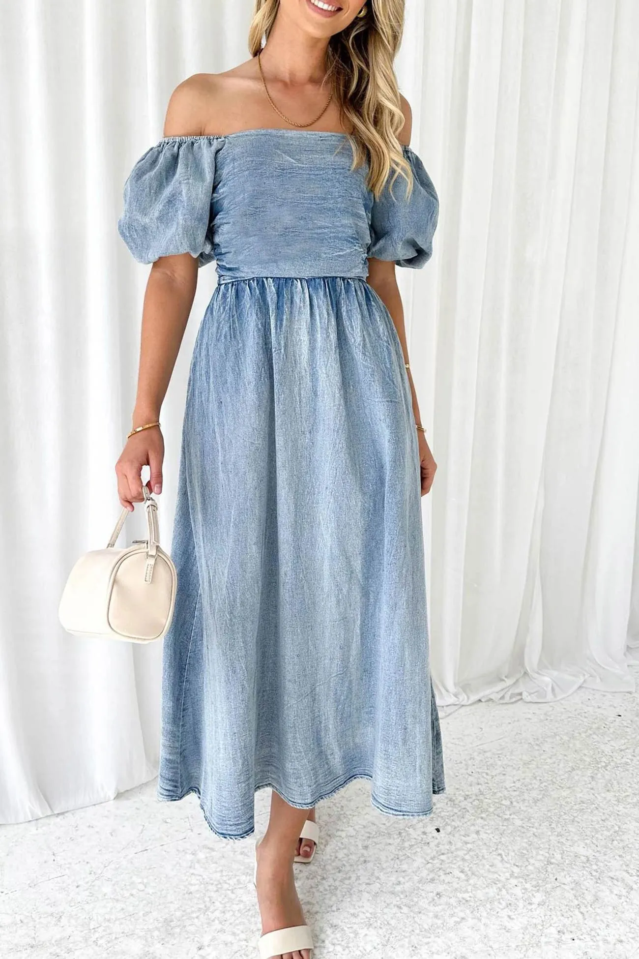 Puff Sleeve Smocked Denim Dress