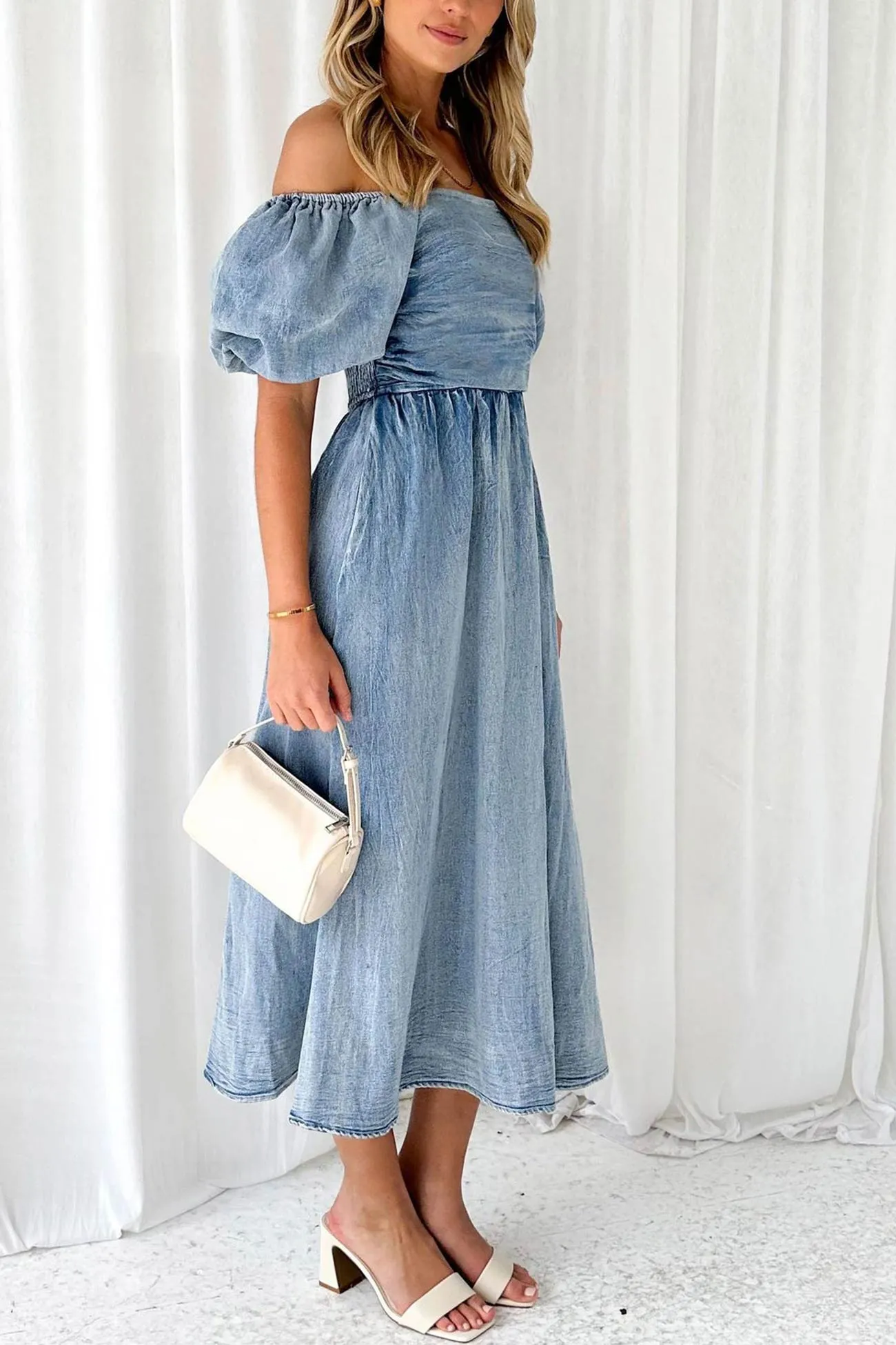 Puff Sleeve Smocked Denim Dress