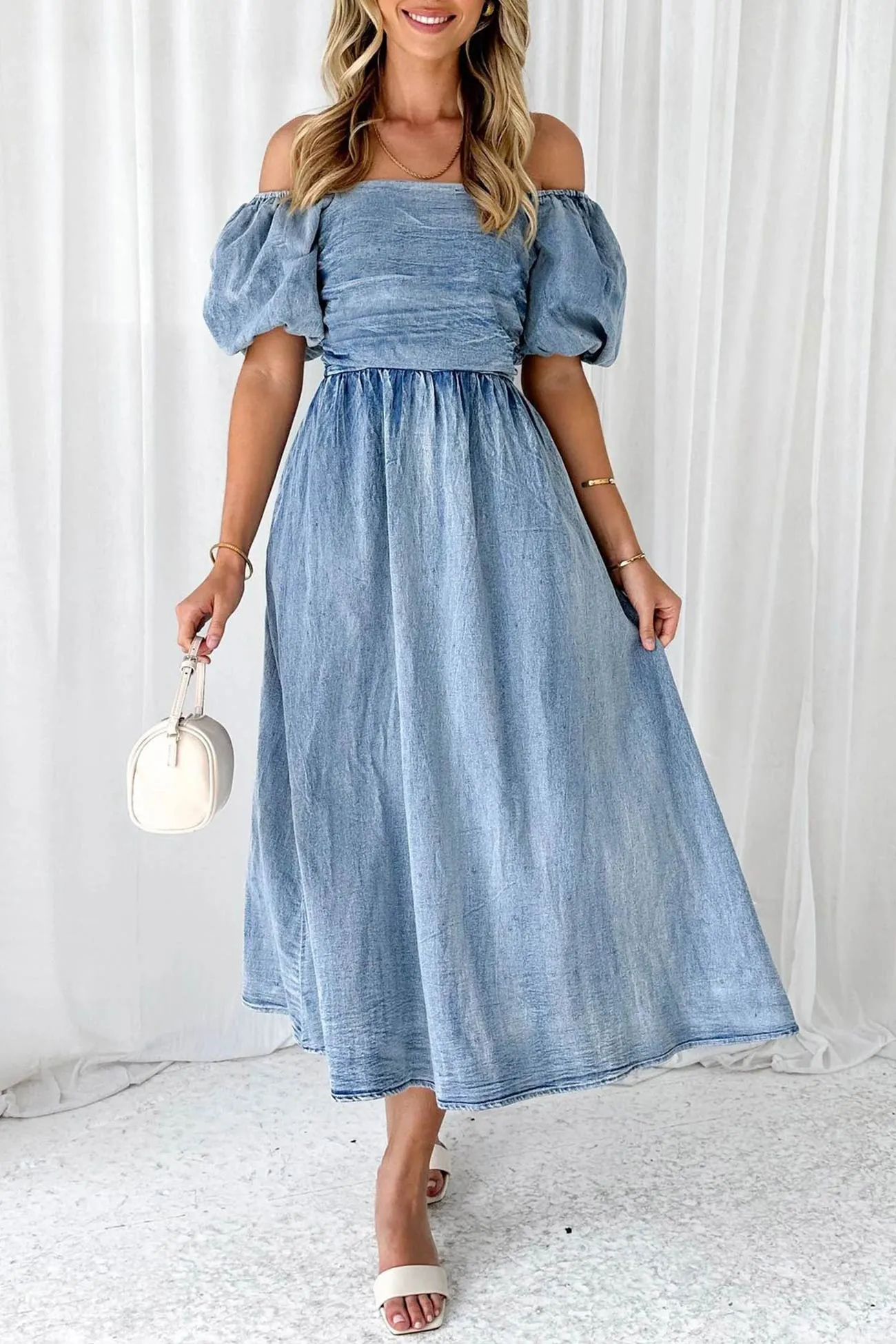 Puff Sleeve Smocked Denim Dress