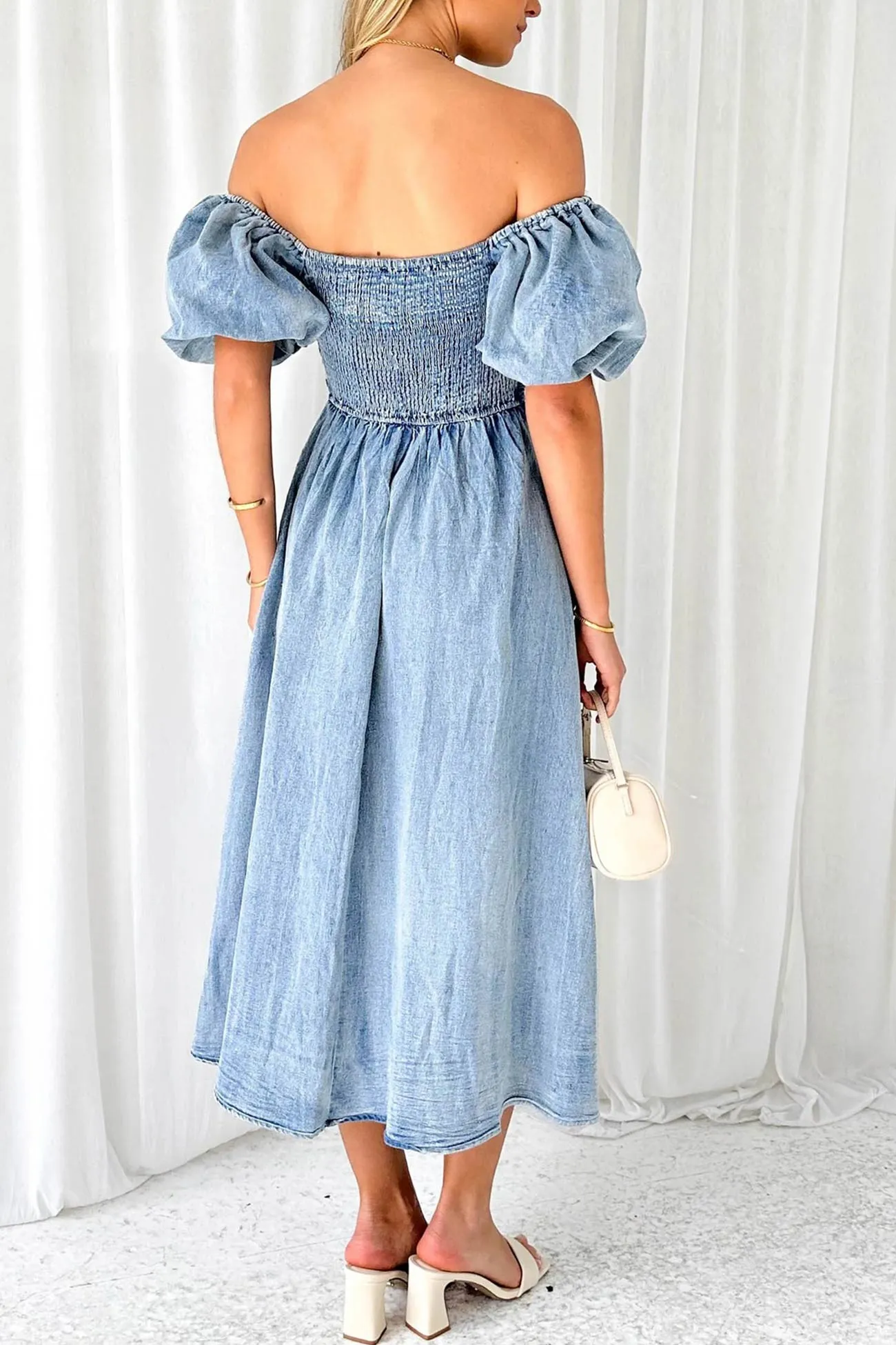 Puff Sleeve Smocked Denim Dress