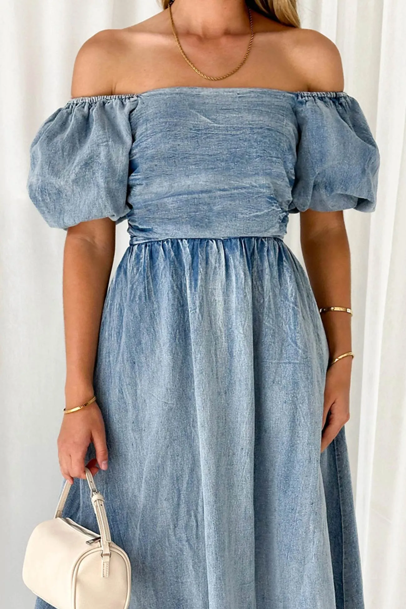 Puff Sleeve Smocked Denim Dress