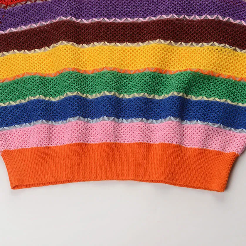 Rainbow Stripe Short Sleeve Crop Knit Top