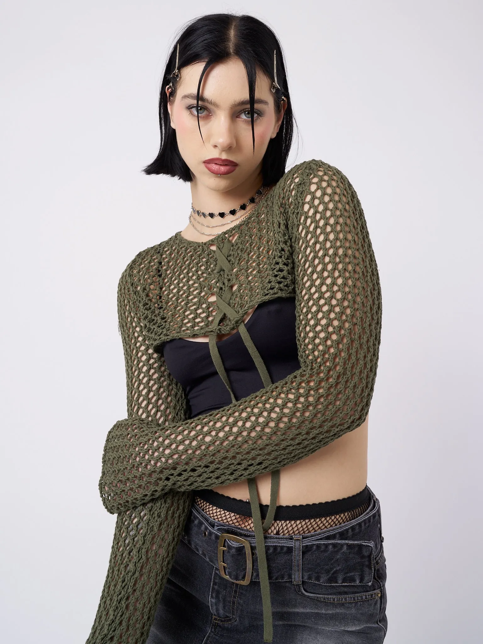 Ramona Green Lace Up Knitted Shrug