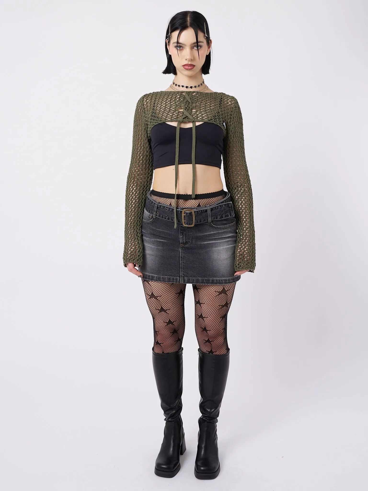 Ramona Green Lace Up Knitted Shrug