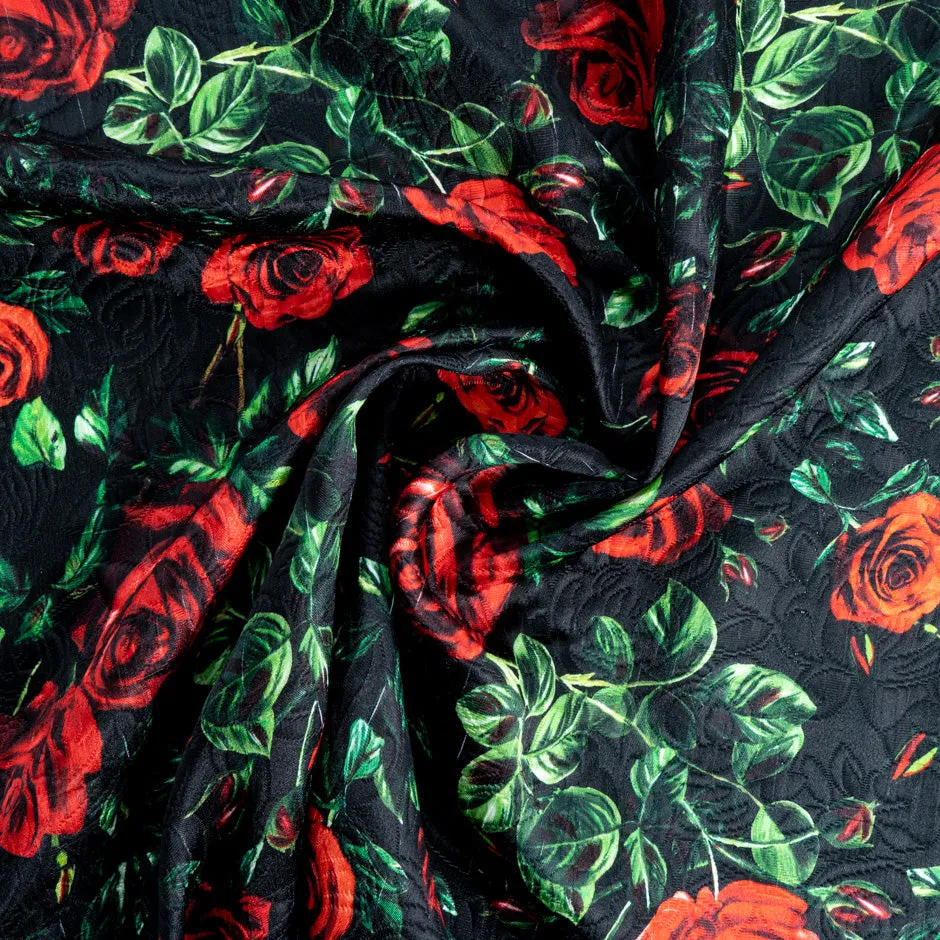 Red Rose Printed Black Wool & Silk Blend Cloqué