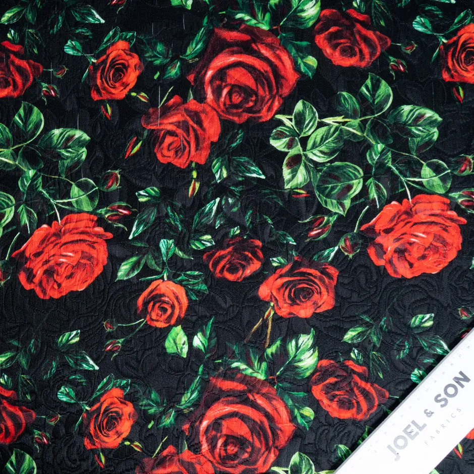 Red Rose Printed Black Wool & Silk Blend Cloqué