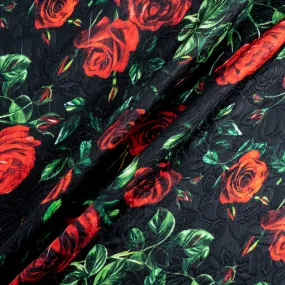 Red Rose Printed Black Wool & Silk Blend Cloqué