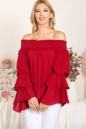 Red Smocked Cold Shoulder Bell Sleeve Top