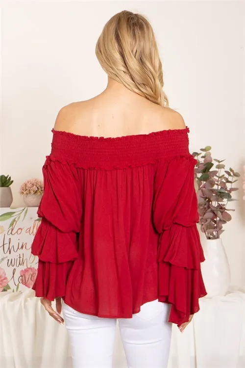 Red Smocked Cold Shoulder Bell Sleeve Top