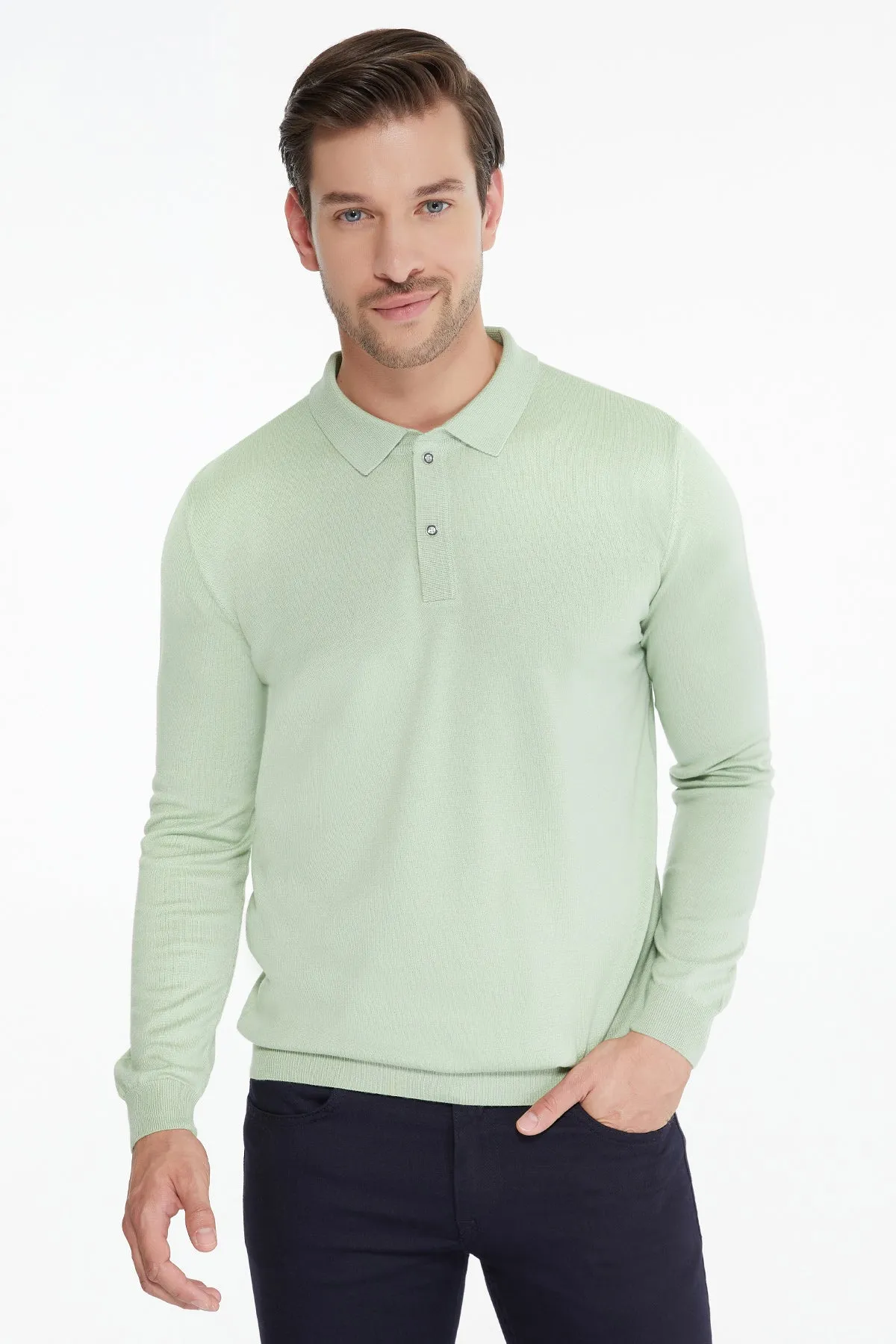 Regular Fit Cotton Blend Mint Polo Sweater