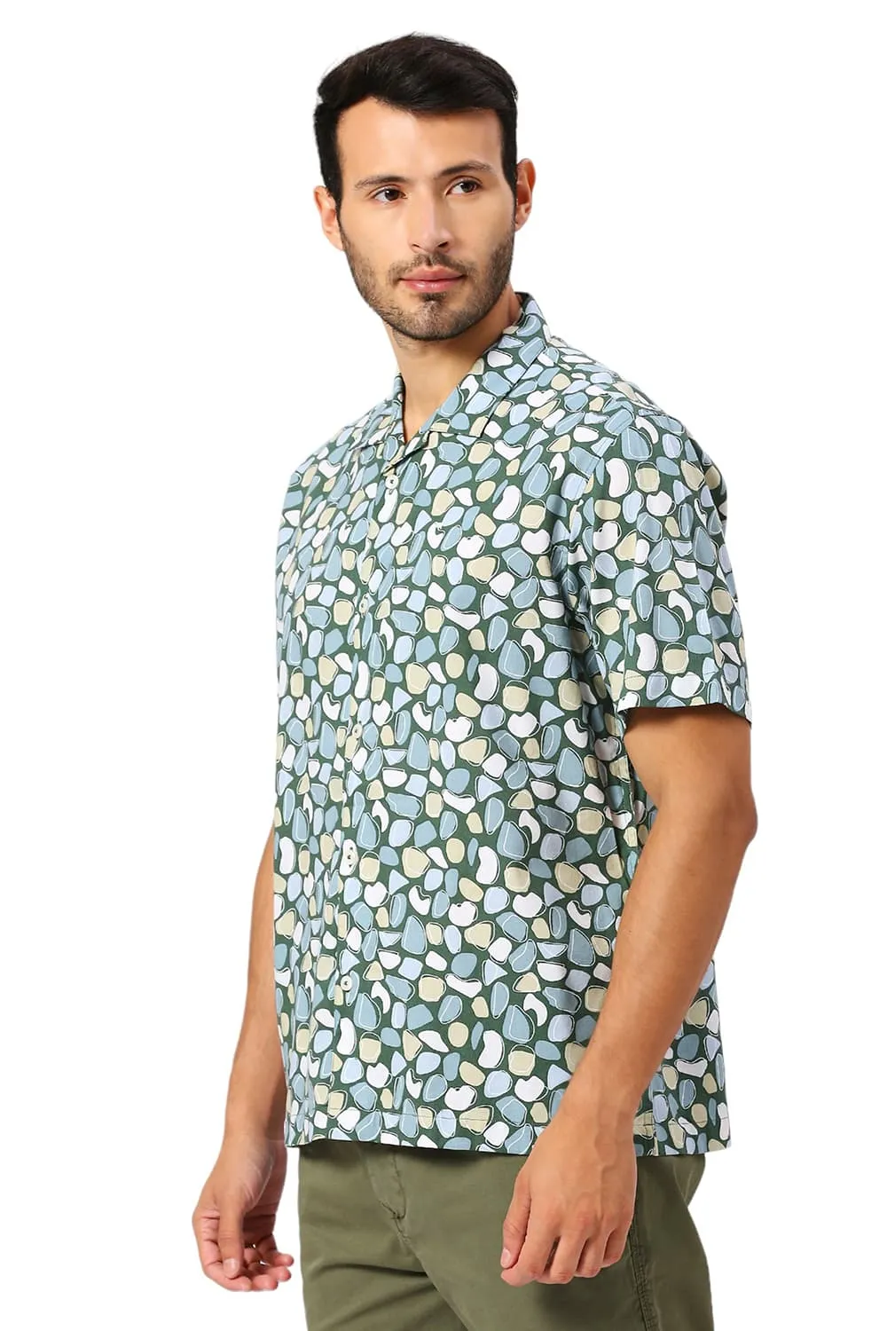 Relaxed Fit Cotton Viscose Twill Printed Halfsleeves Shirt