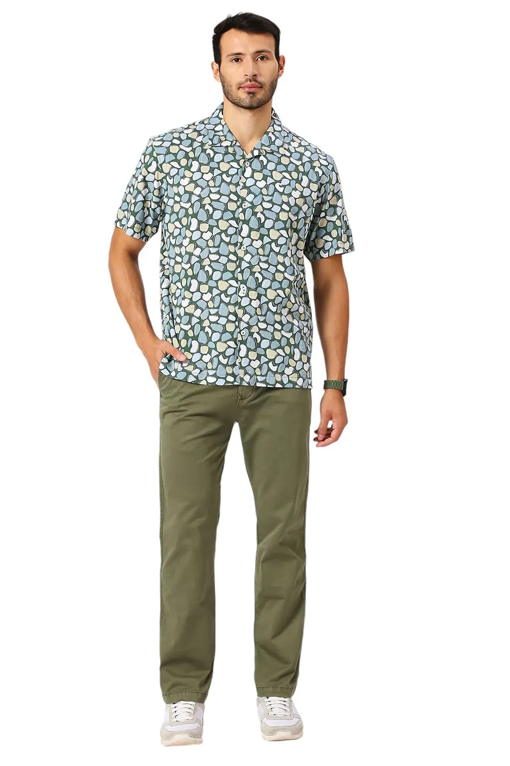 Relaxed Fit Cotton Viscose Twill Printed Halfsleeves Shirt