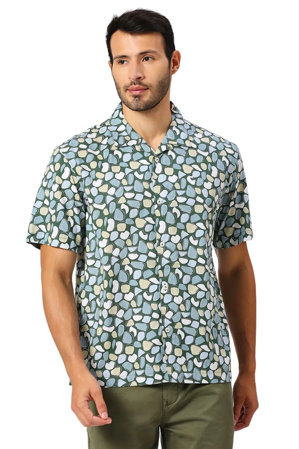 Relaxed Fit Cotton Viscose Twill Printed Halfsleeves Shirt