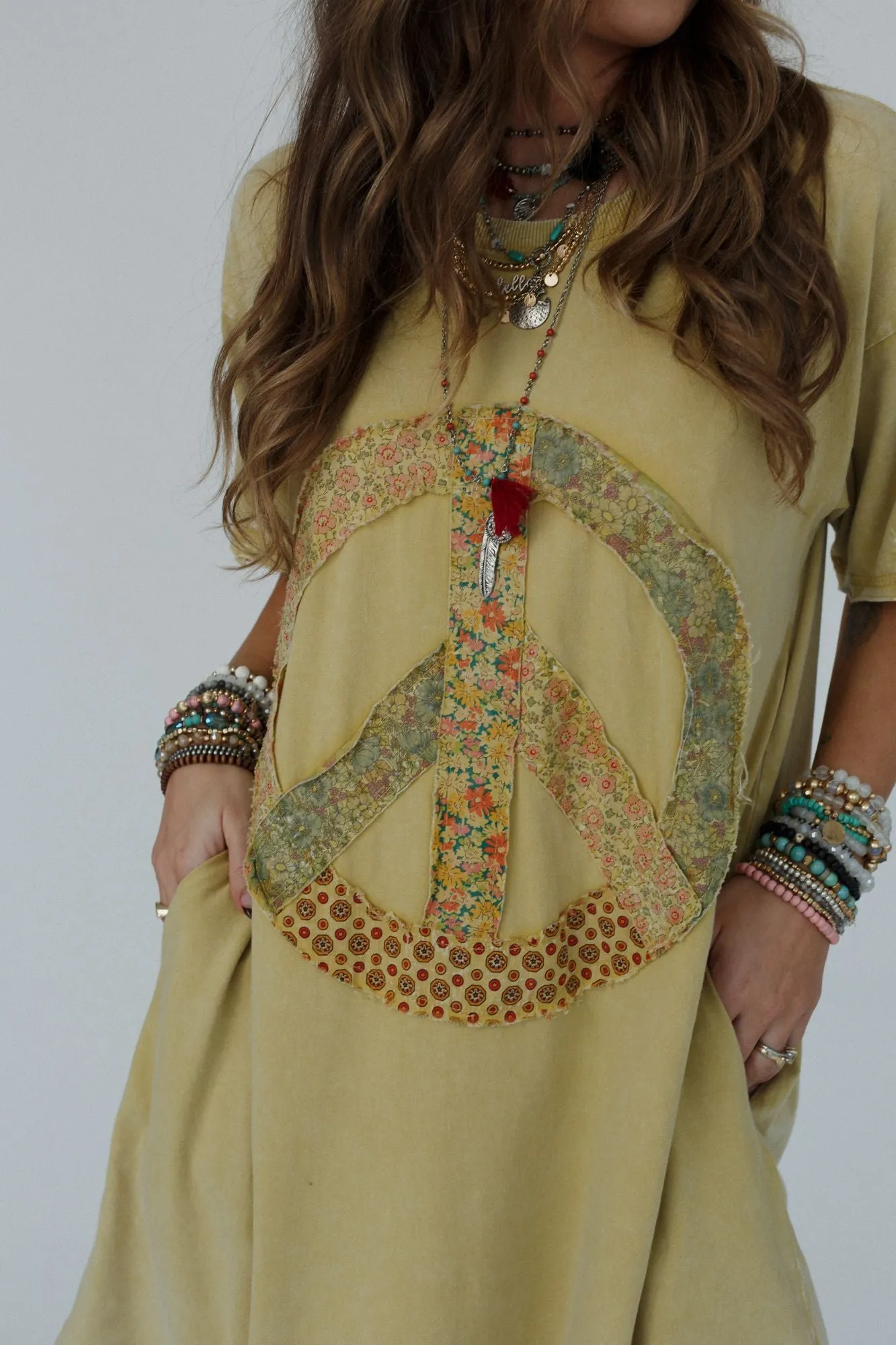 Retro Peace Tunic Top - Mustard