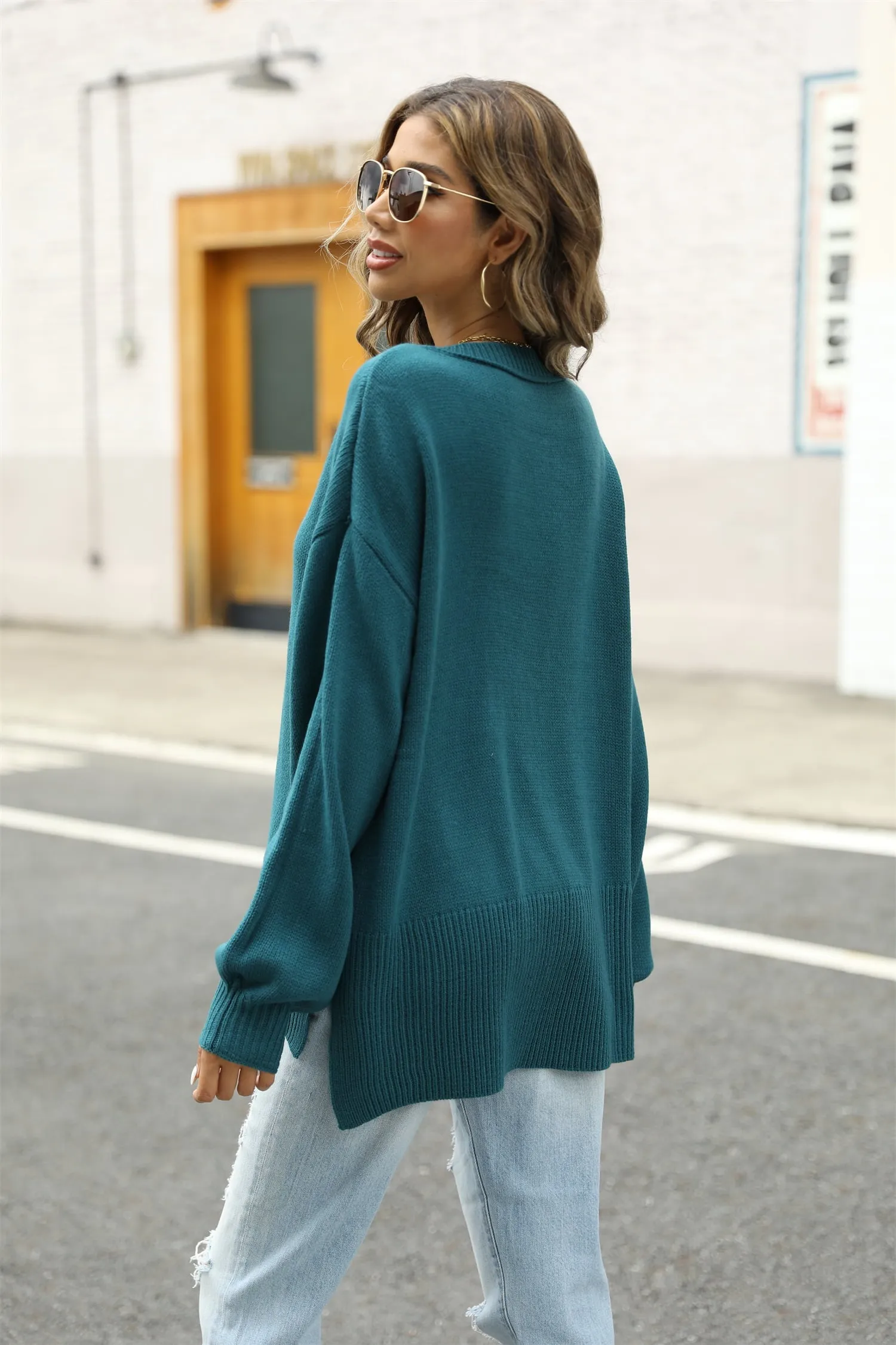 Round Neck Dropped Shoulder Slit Sweater