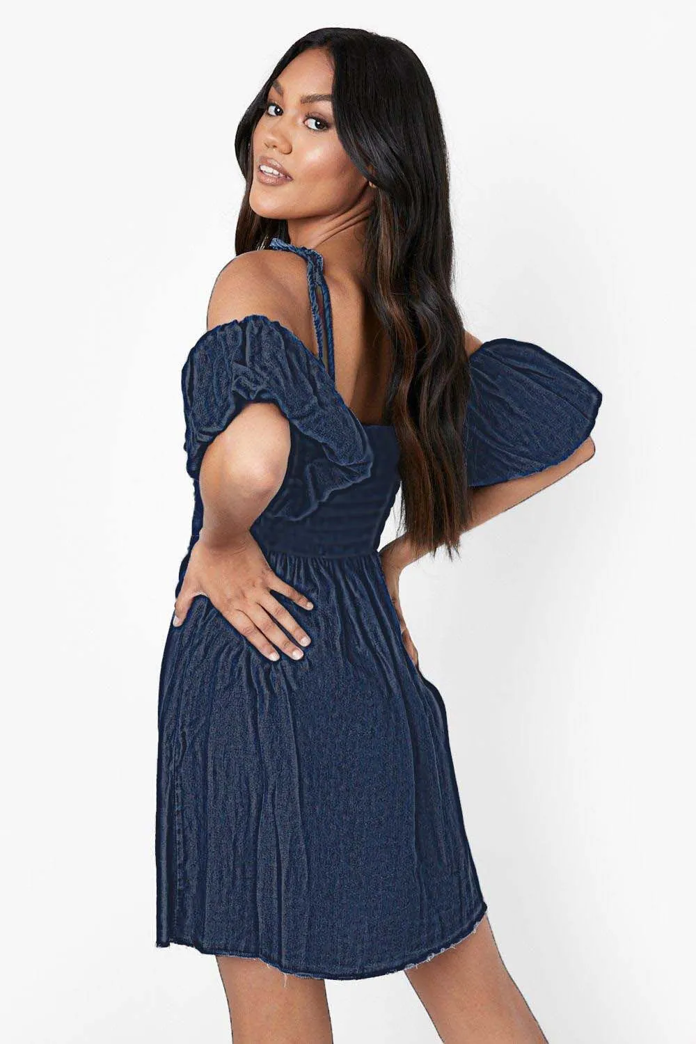 Ruched Knot Front Bardot Denim Dress