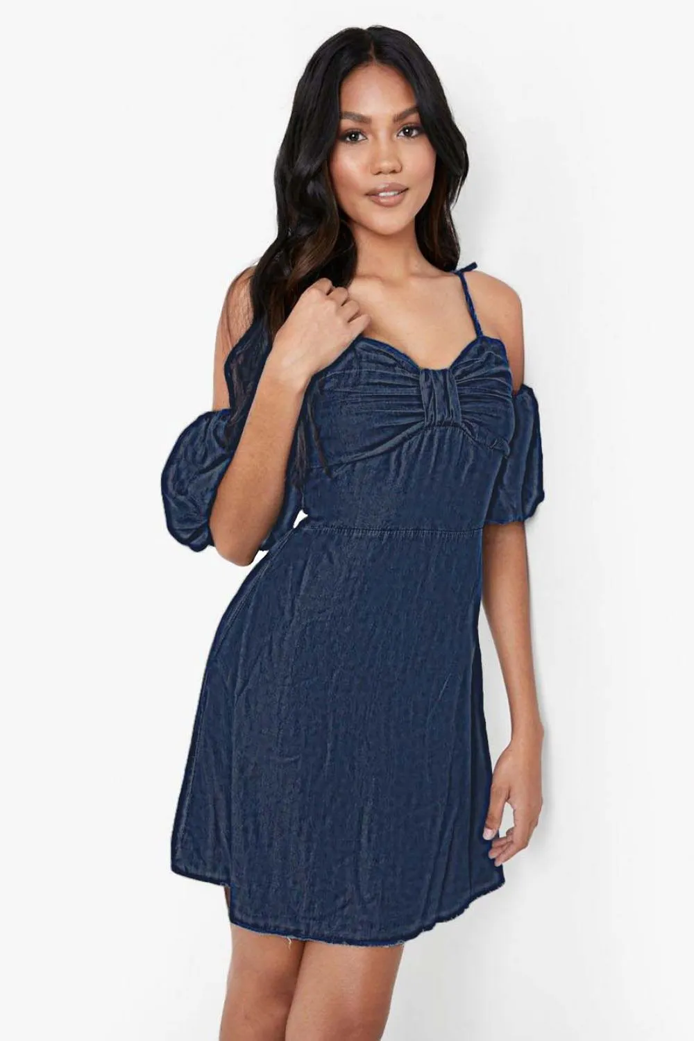 Ruched Knot Front Bardot Denim Dress