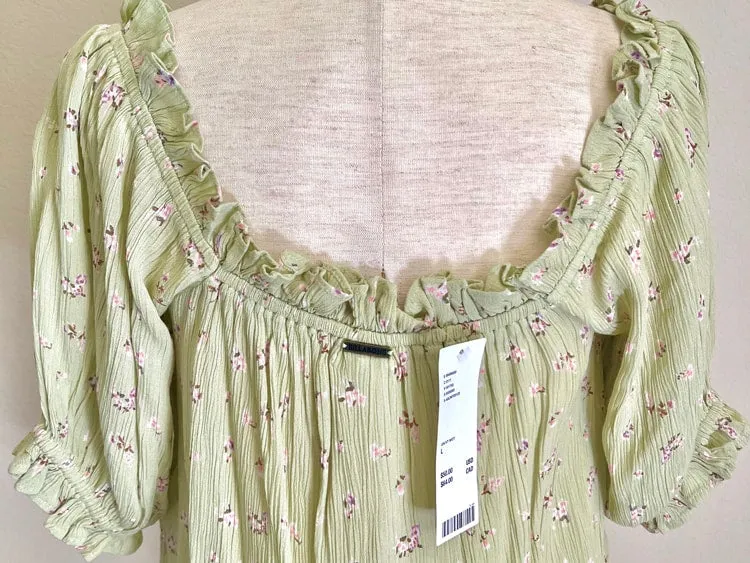 Sage Green Floral Tie-Front Peasant Blouse with Gathered Neckline - Size L