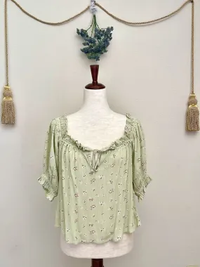 Sage Green Floral Tie-Front Peasant Blouse with Gathered Neckline - Size L