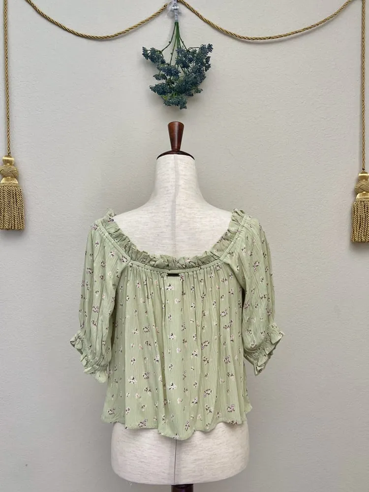 Sage Green Floral Tie-Front Peasant Blouse with Gathered Neckline - Size L