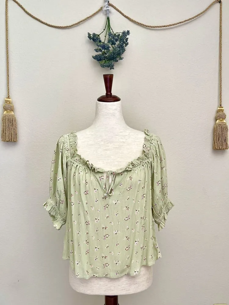 Sage Green Floral Tie-Front Peasant Blouse with Gathered Neckline - Size L