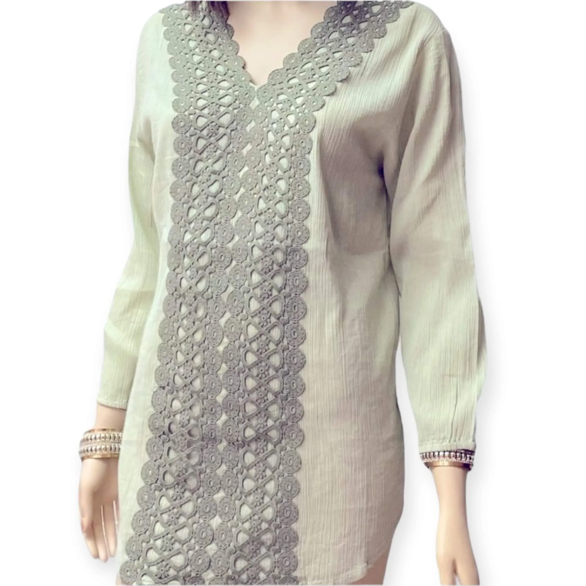 Sage V-Neck Embroidery Panel Cotton Tunic