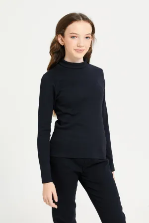 Senior Girls Black Solid Turtle Neck Top