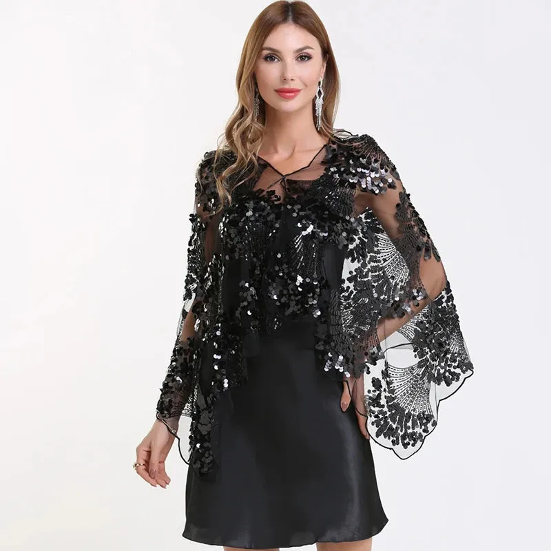 Sequined Fringe Black Cape