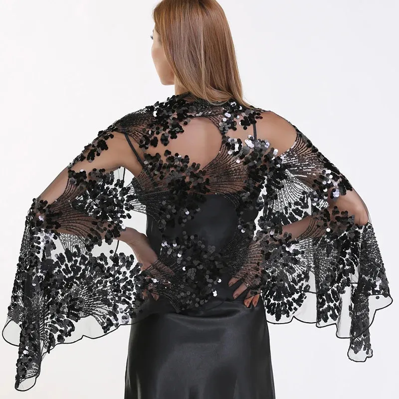 Sequined Fringe Black Cape