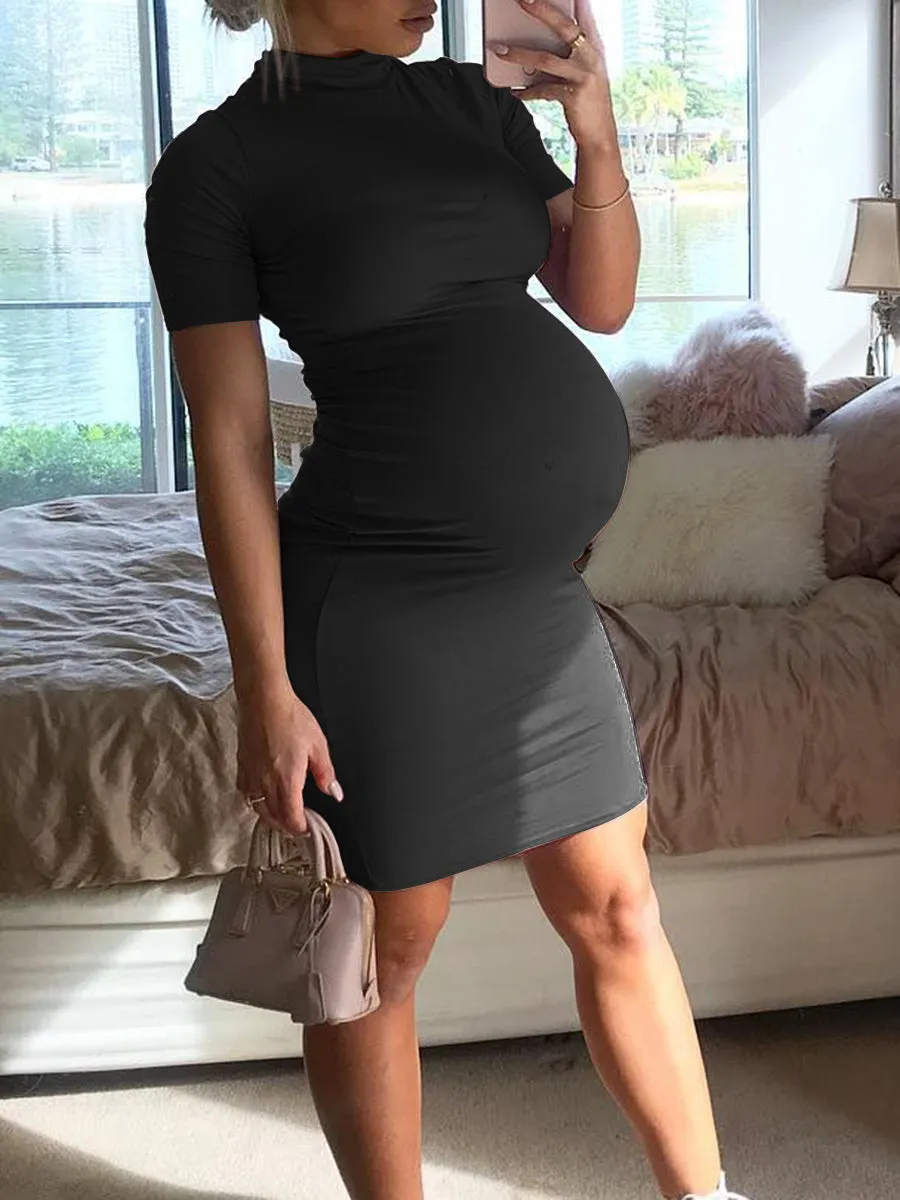 Sexy Short Sleeve Turtleneck Solid Color Maternity Dress