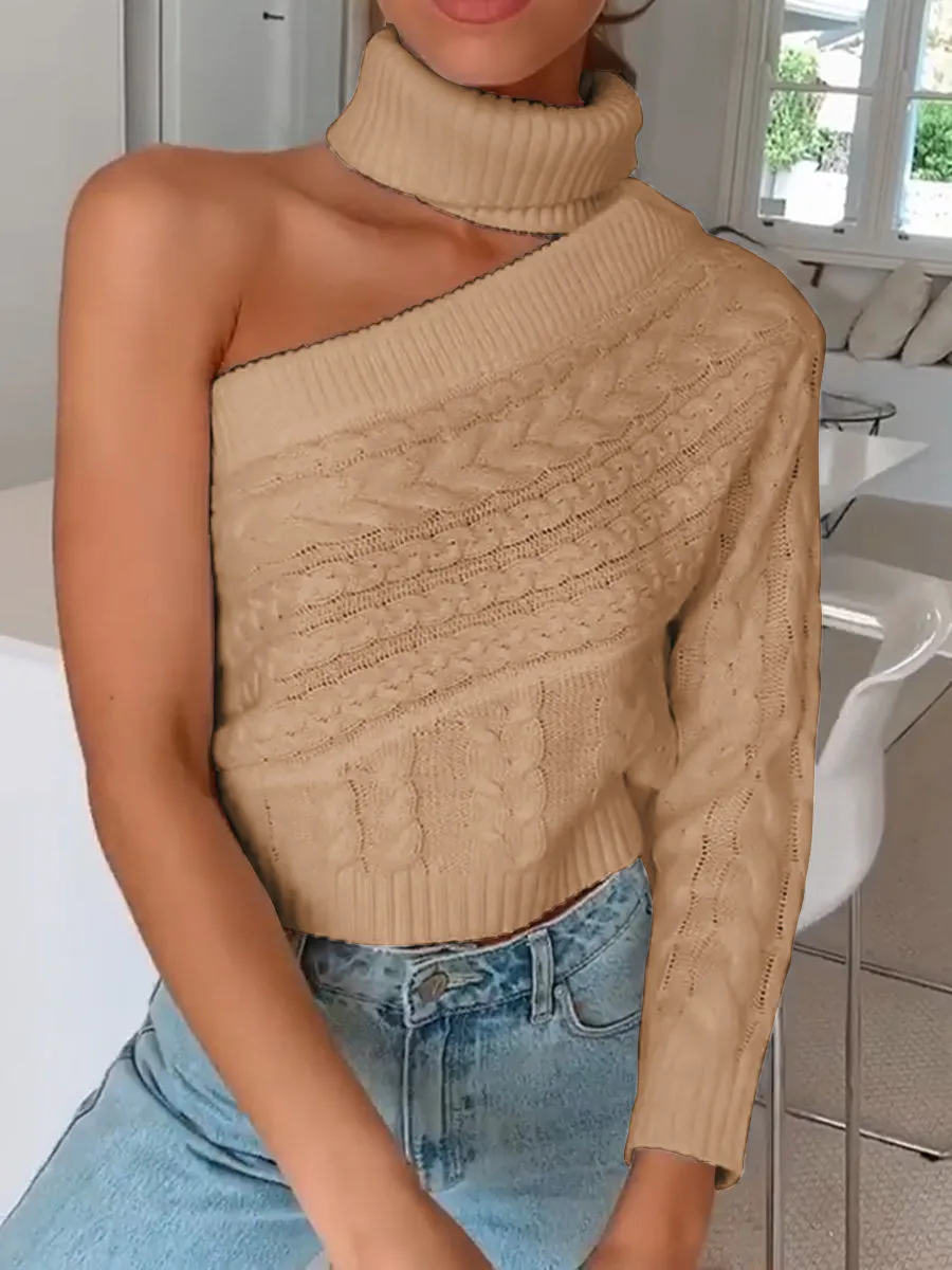 Sexy Solid Color Long-sleeved One-shoulder Turtleneck Sweater