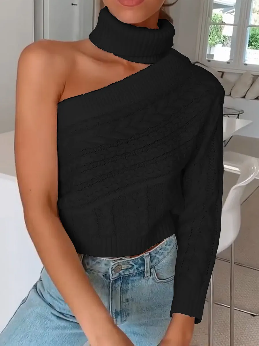 Sexy Solid Color Long-sleeved One-shoulder Turtleneck Sweater