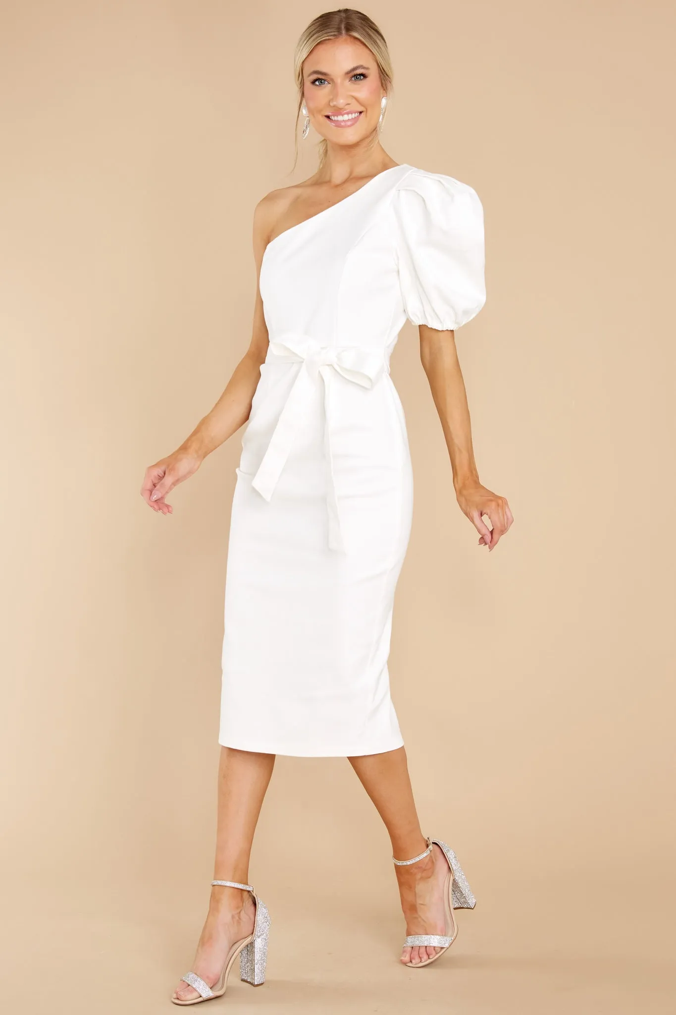 Simply Classic White One Shoulder Midi Dress