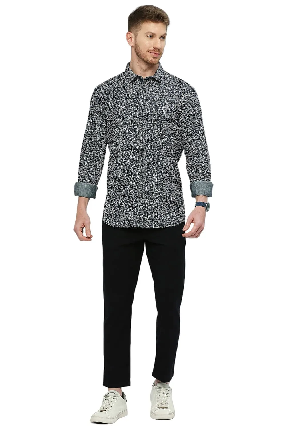 Slim Fit Cotton Indigo Printed Shirt