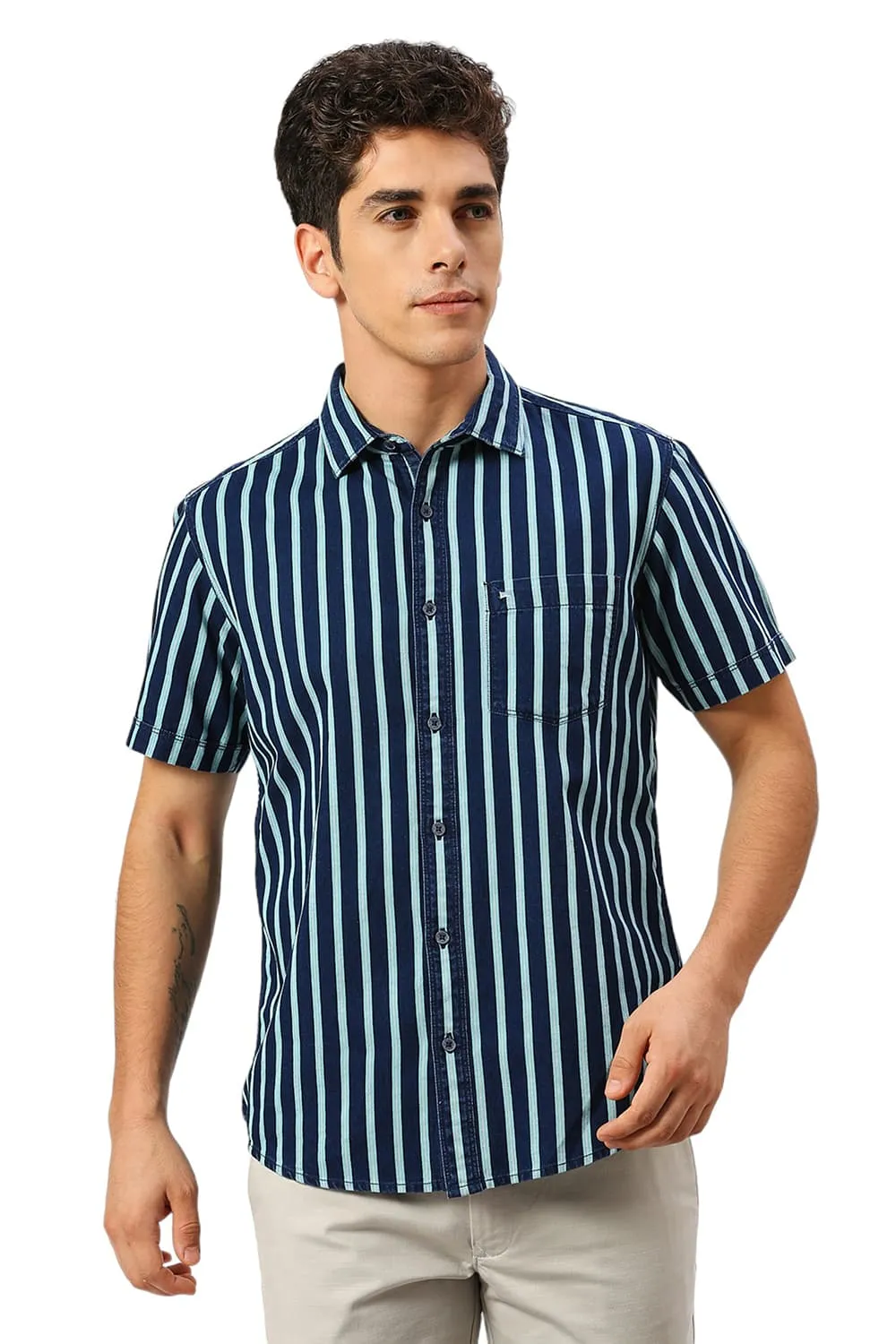 Slim Fit Cotton Indigo Stripe Halfsleeves Shirt