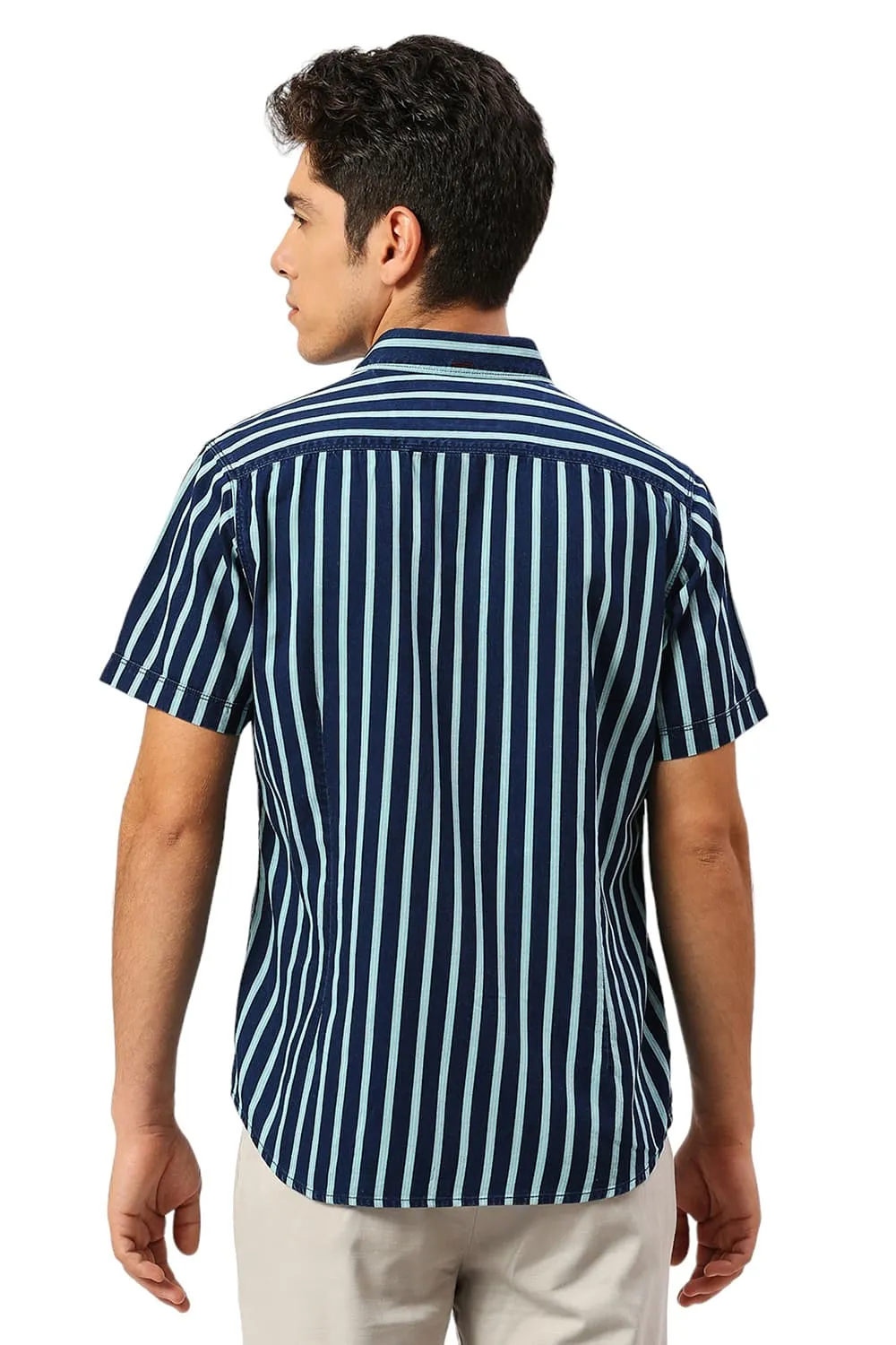 Slim Fit Cotton Indigo Stripe Halfsleeves Shirt