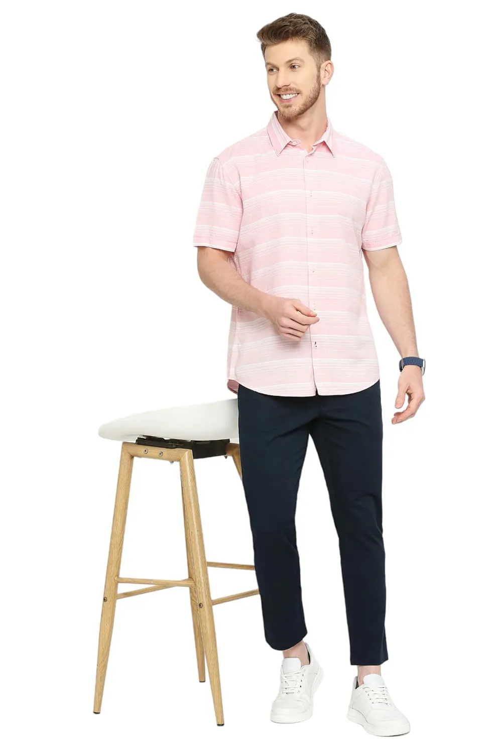 Slim Fit Cotton Tencel Weft Herringbone Stripe Halfsleeves Shirt