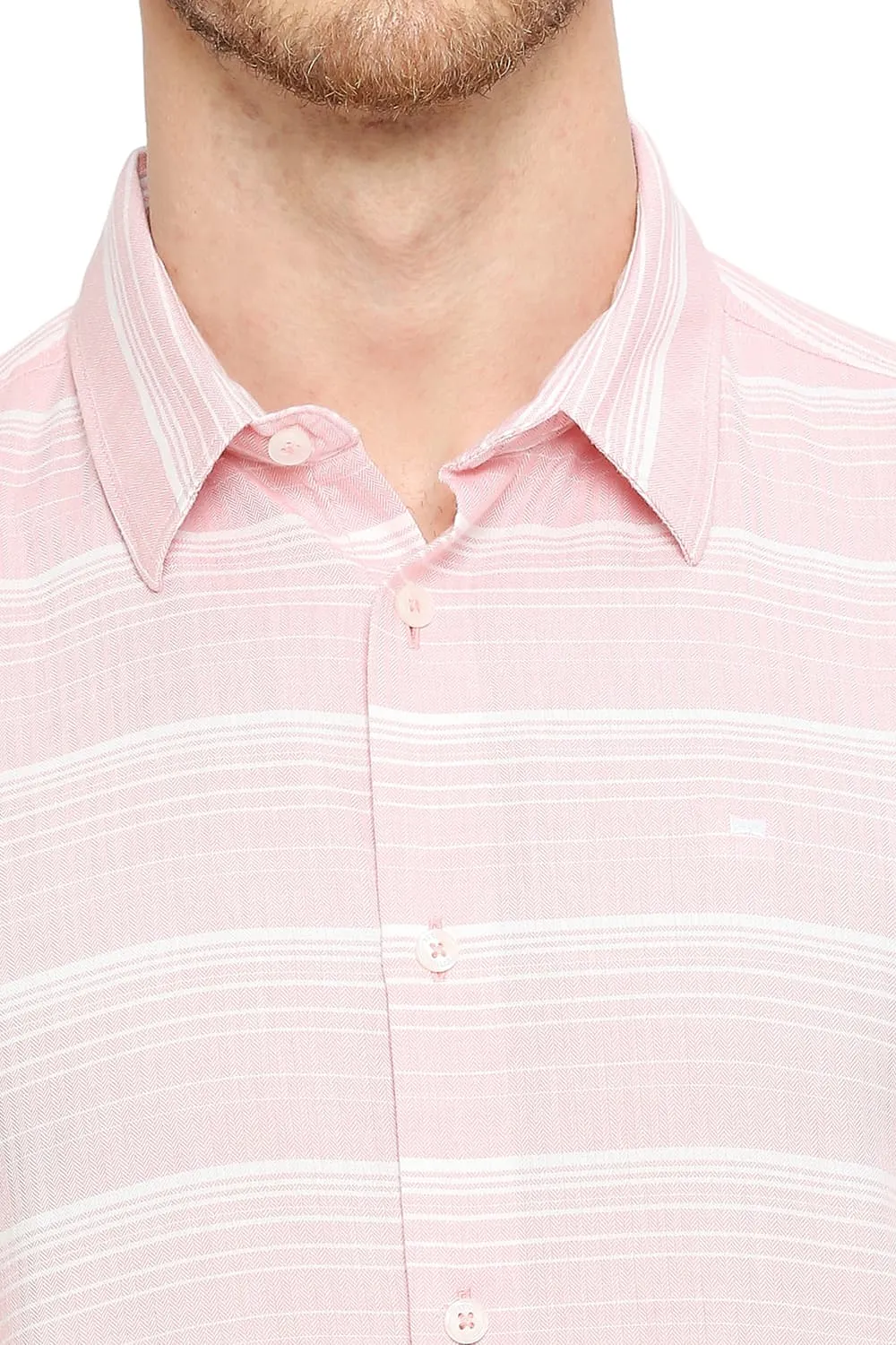 Slim Fit Cotton Tencel Weft Herringbone Stripe Halfsleeves Shirt