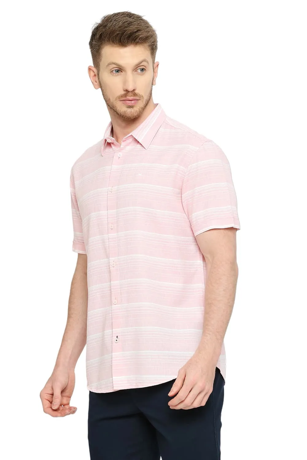 Slim Fit Cotton Tencel Weft Herringbone Stripe Halfsleeves Shirt