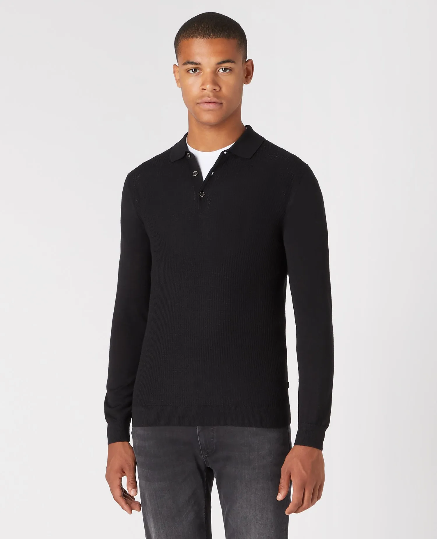 Slim Fit Merino Wool-Blend Long Sleeve Knitted Polo