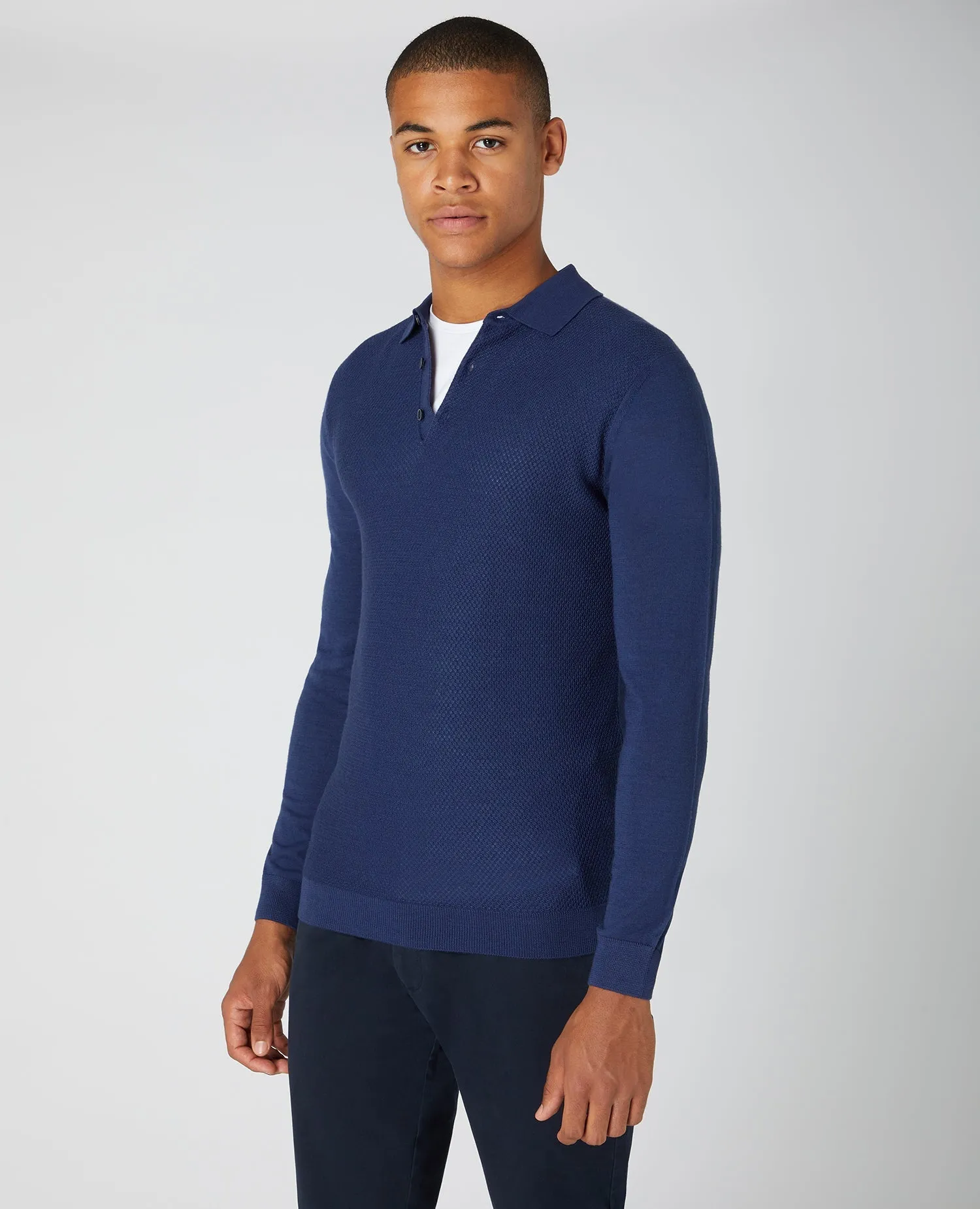 Slim Fit Merino Wool-Blend Long Sleeve Knitted Polo