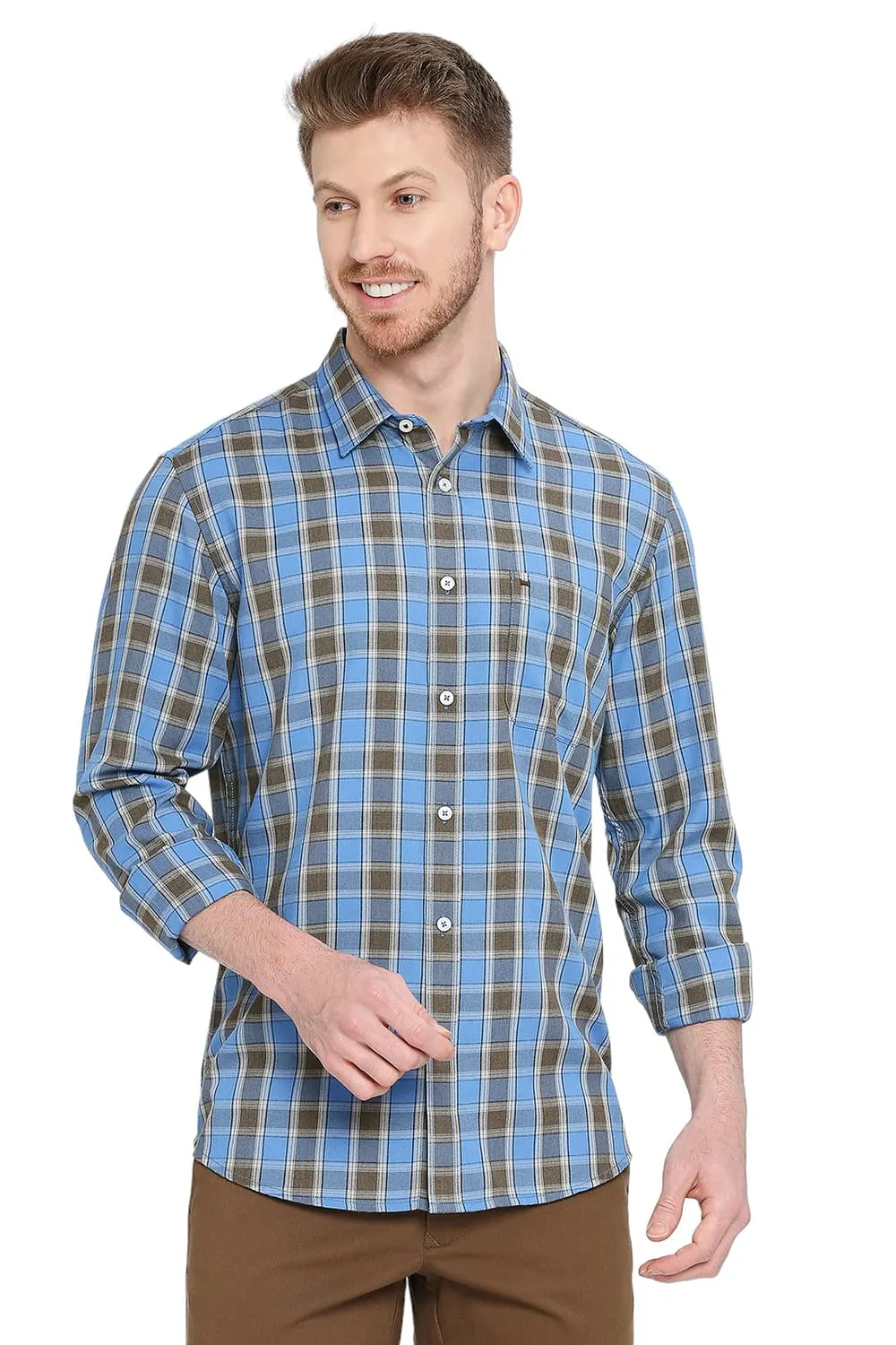 Slim Fit Polyester Viscose Checks Shirt