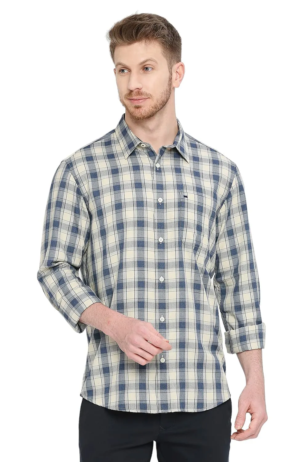 Slim Fit Polyester Viscose Checks Shirt