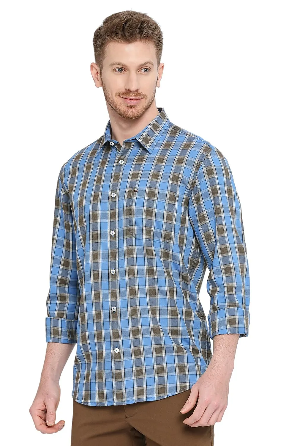 Slim Fit Polyester Viscose Checks Shirt