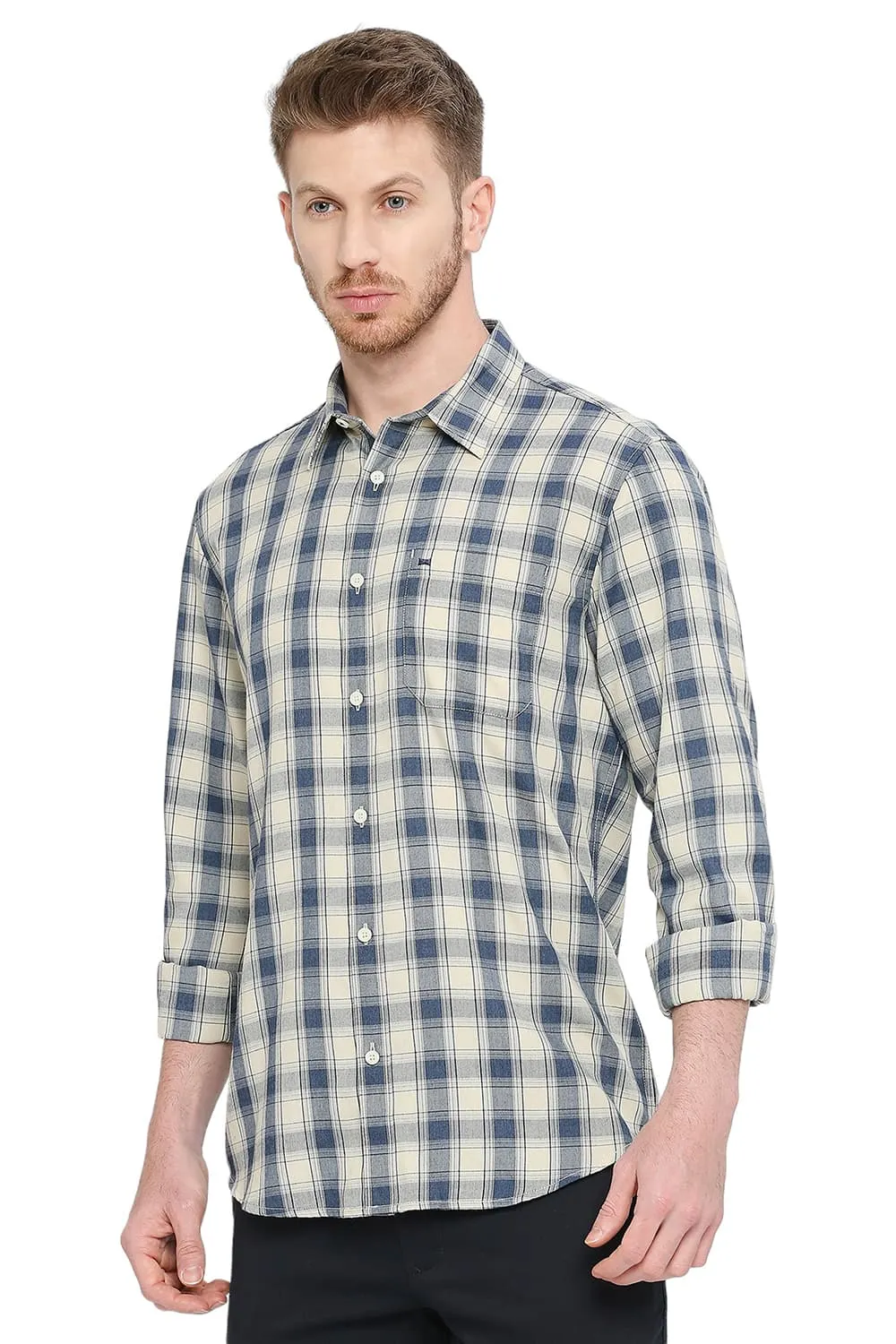 Slim Fit Polyester Viscose Checks Shirt