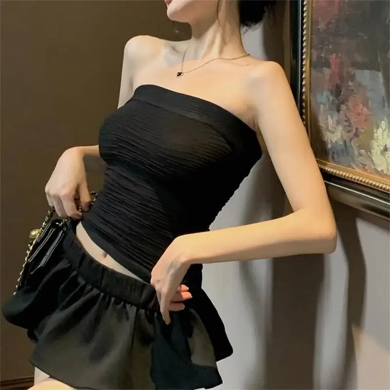 Solid Vintage Off Shoulder Summer Streetwear Slim Sexy Backless Skinny Crop Strapless Top