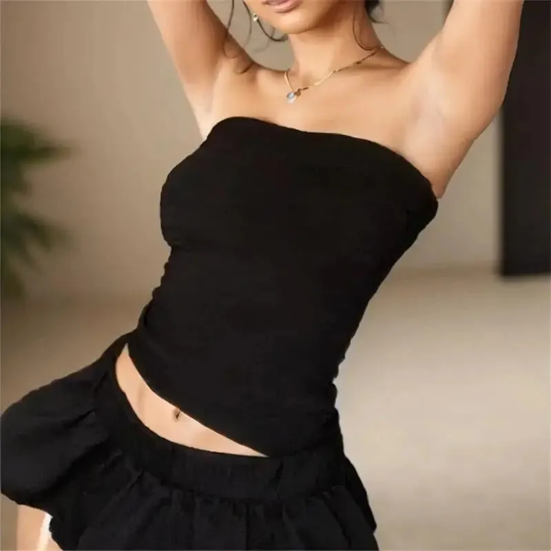 Solid Vintage Off Shoulder Summer Streetwear Slim Sexy Backless Skinny Crop Strapless Top